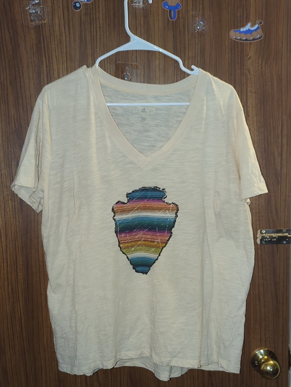 Womens Cream V-Neck Tee with Multicolor Stripe Arrowhead Length26 Width 26